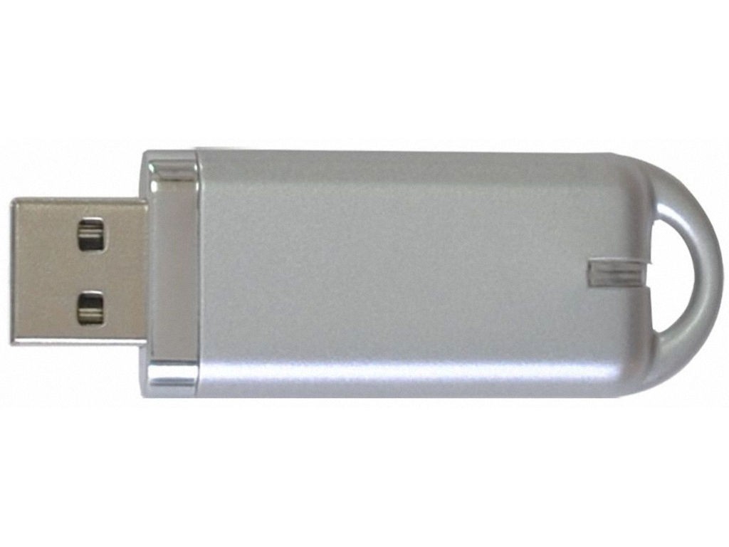 WGS-105 — Plastic USB flash drive with chrome strip at the junction with the cover. It has ind